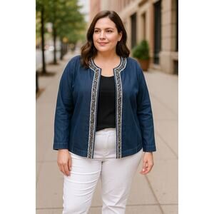 Draper’s & Damon’s Plus Denim Jacket 2X Women Navy Sequin Trim Open Front